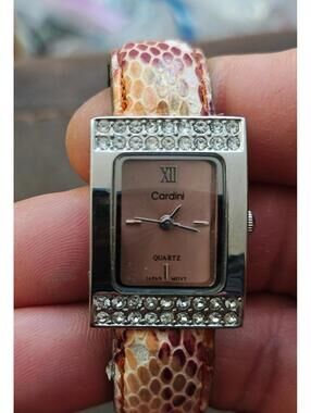 1980s Vintage Cardini Square Bezel With Rhinestones Pink Dial Ladies Cuff Watch